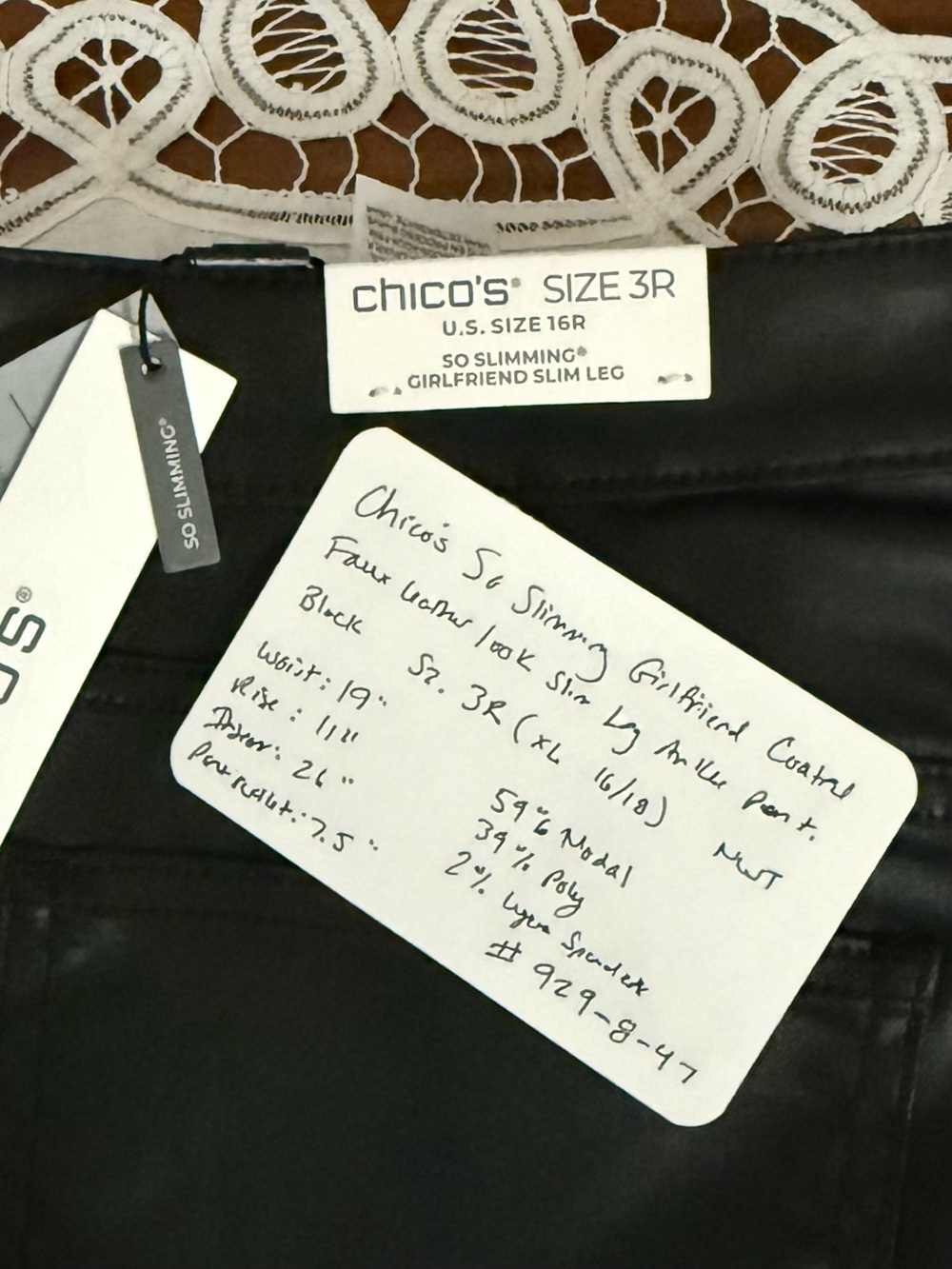 NWT Chico’s So Slimming Girlfriend Slim Leg Pants 3R 16 Black Faux Leather Look - Picture 11 of 12